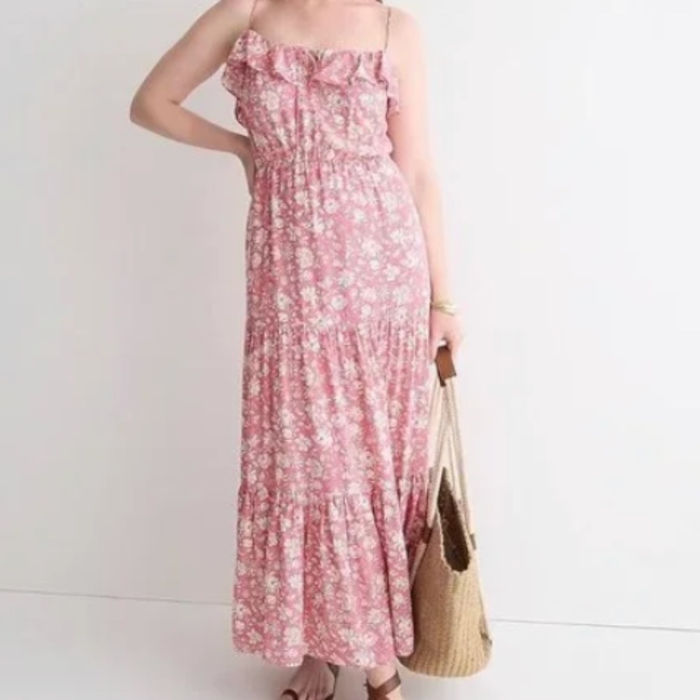 J. Crew Tiered Maxi Dress Dark Flamingo Tossed Floral NWT size XL BI598